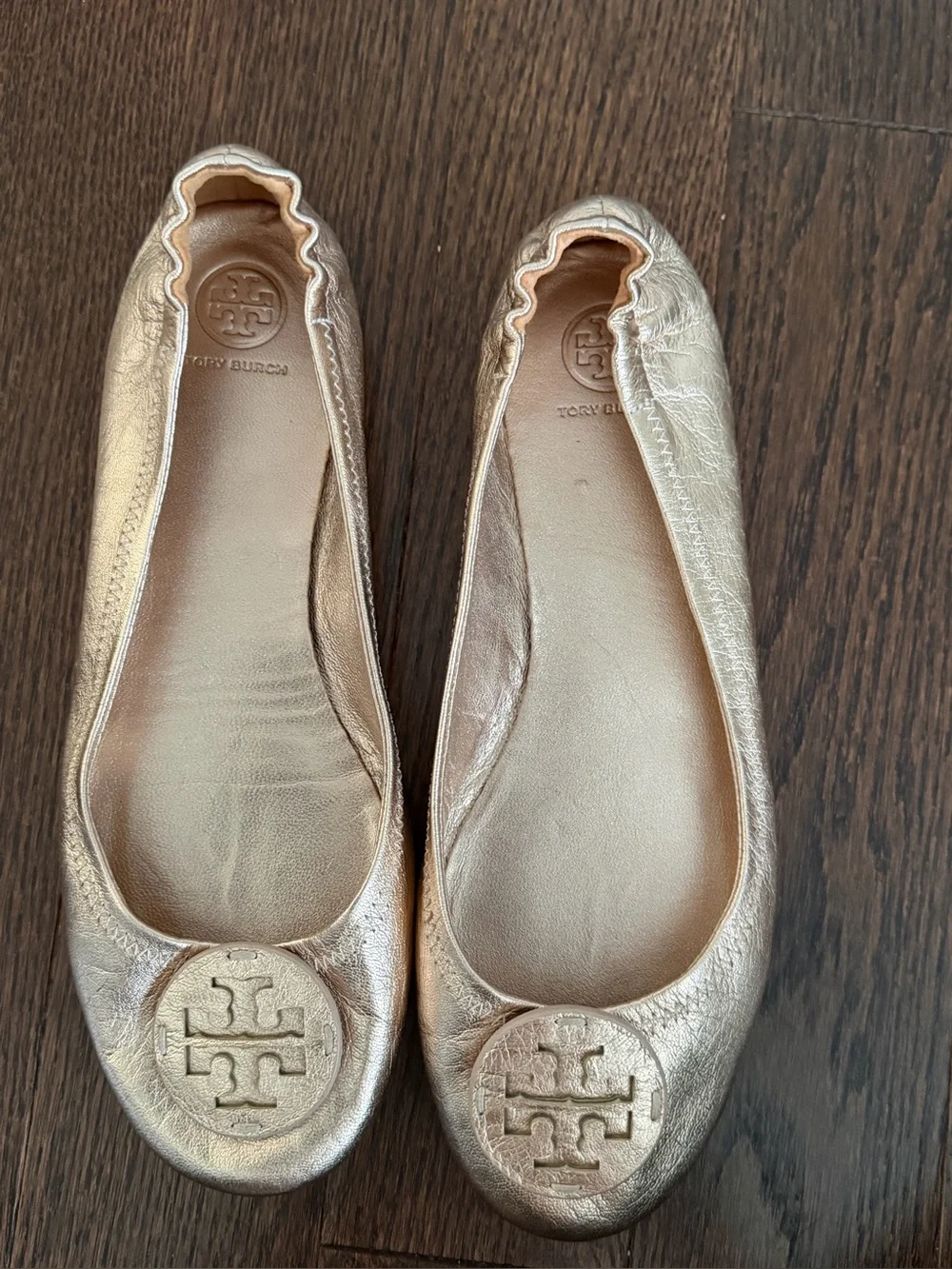Tory Burch Rose Gold Minnie Ballet Leather Logo Shoes Flats Size 9.5M